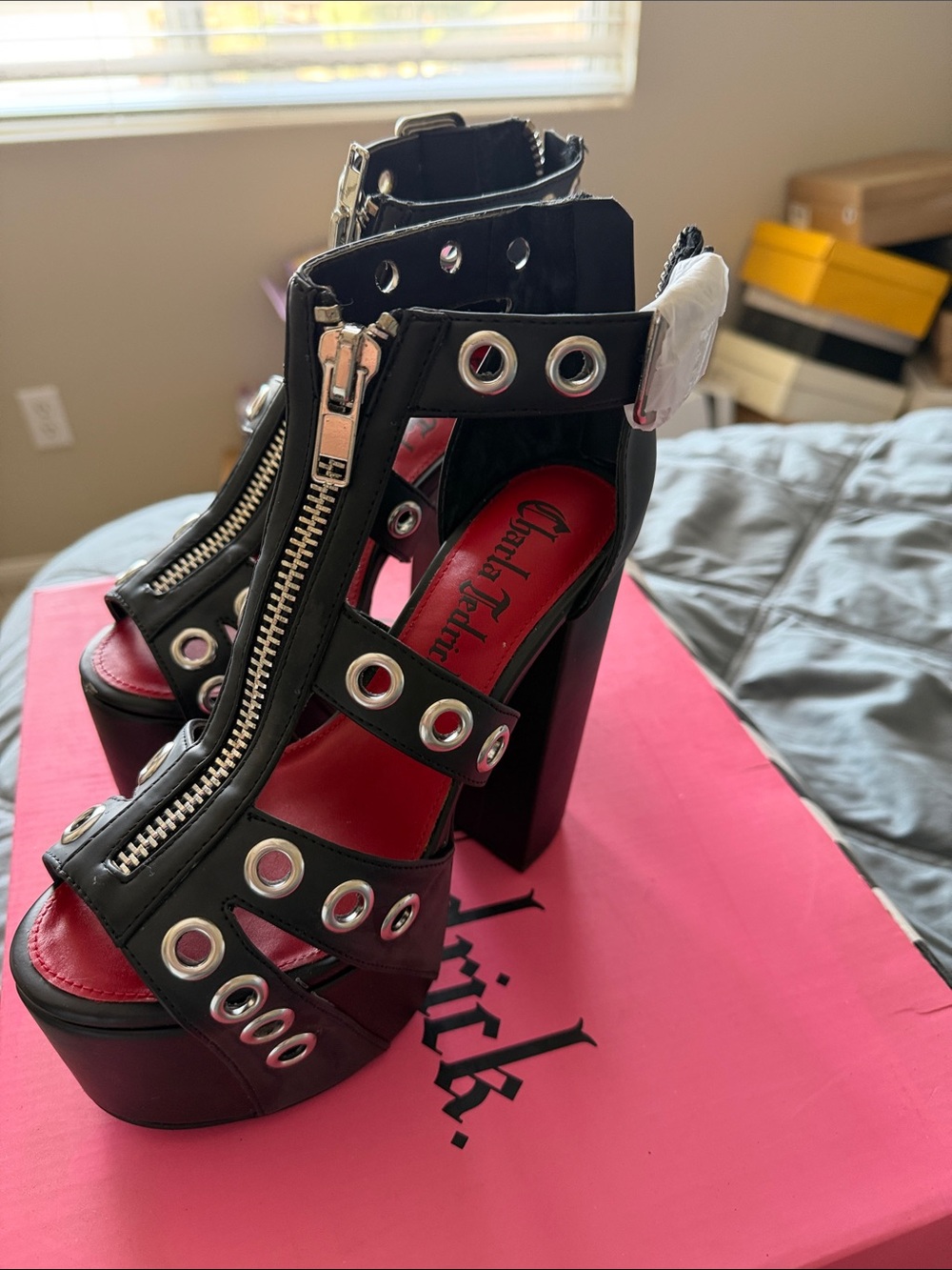 Black Platform Grommet Zip Sandals - Picture 2 of 4